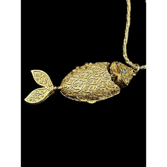 Vtg Max Factor Gold Tone Fish Perfume Locket Necklace 34" Twisted Rope Chain - Picture 2 of 7